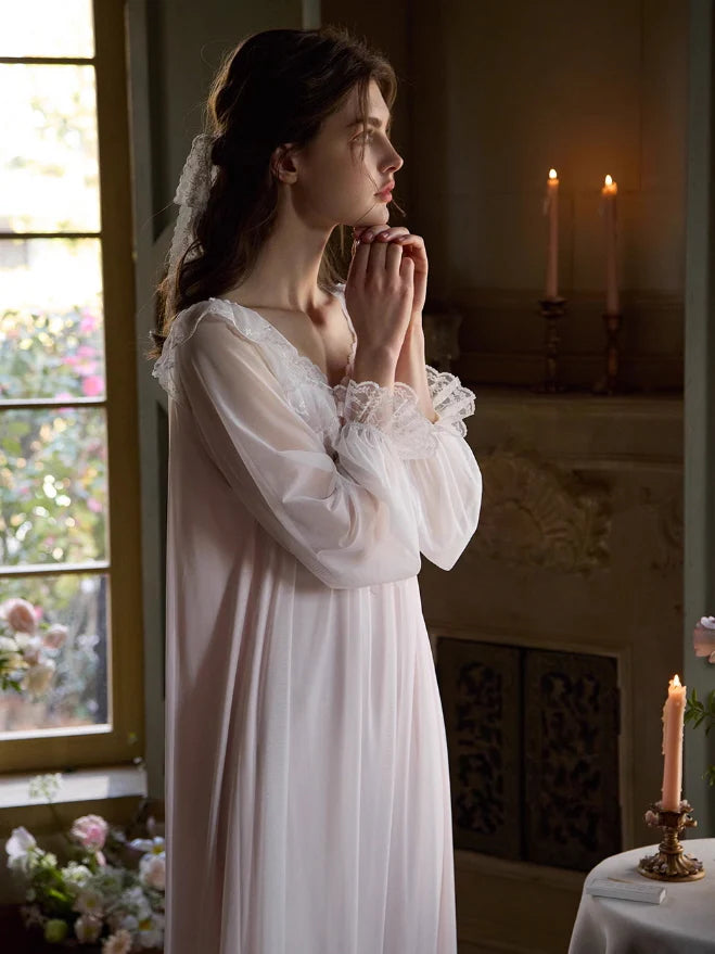 Ethereal Lace-Embroidered Long Nightdress
