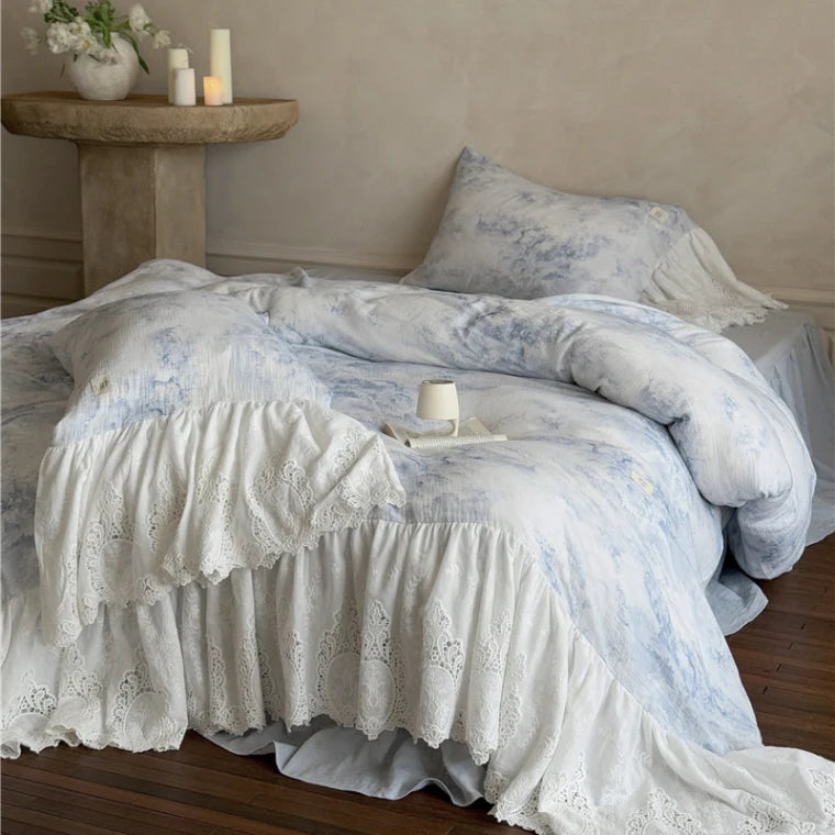 Watercolor Blue Lace Ruffle Bedding Set