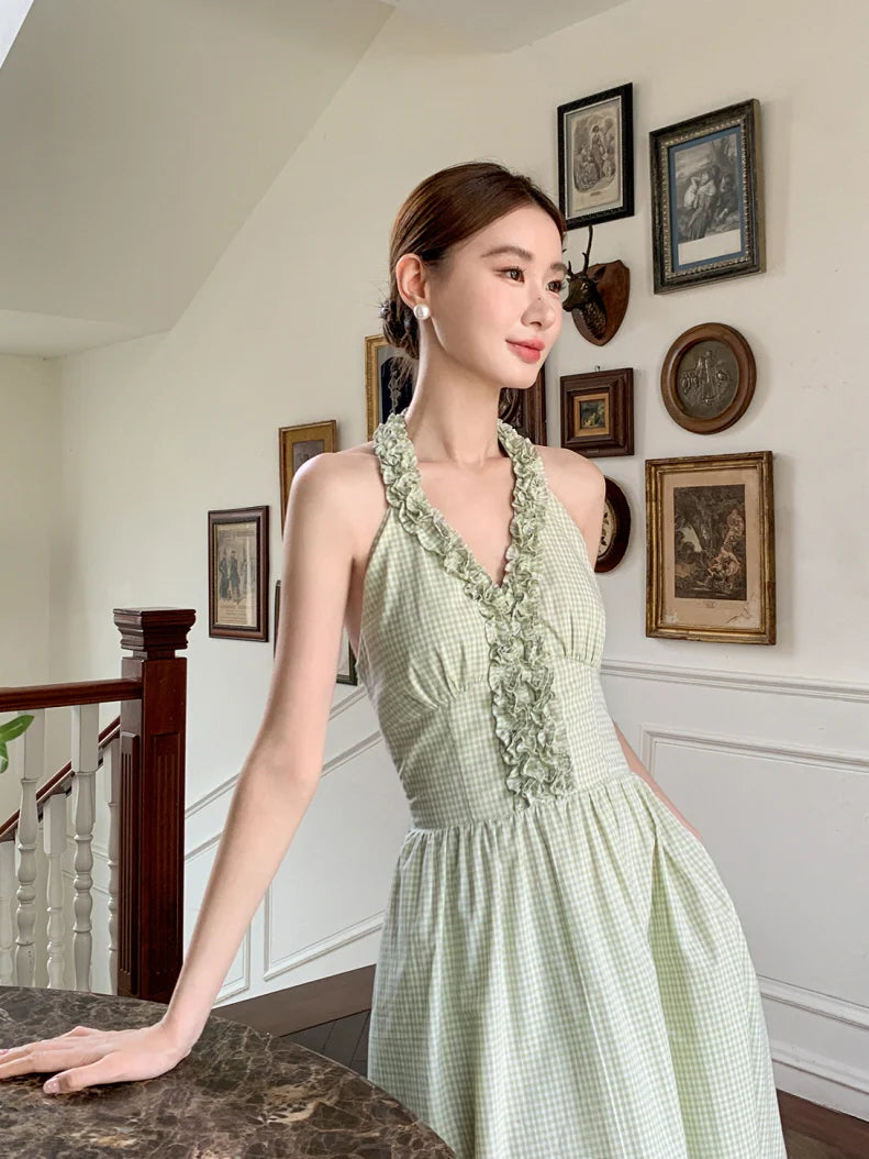 Romantic Green Gingham Halter Dress