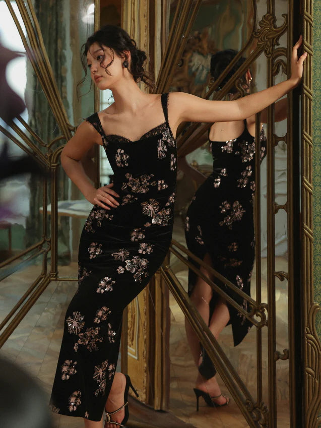 Black Velvet Sequin Floral Dress