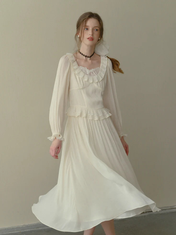 Poetic Cream Ruffle Lace Dress