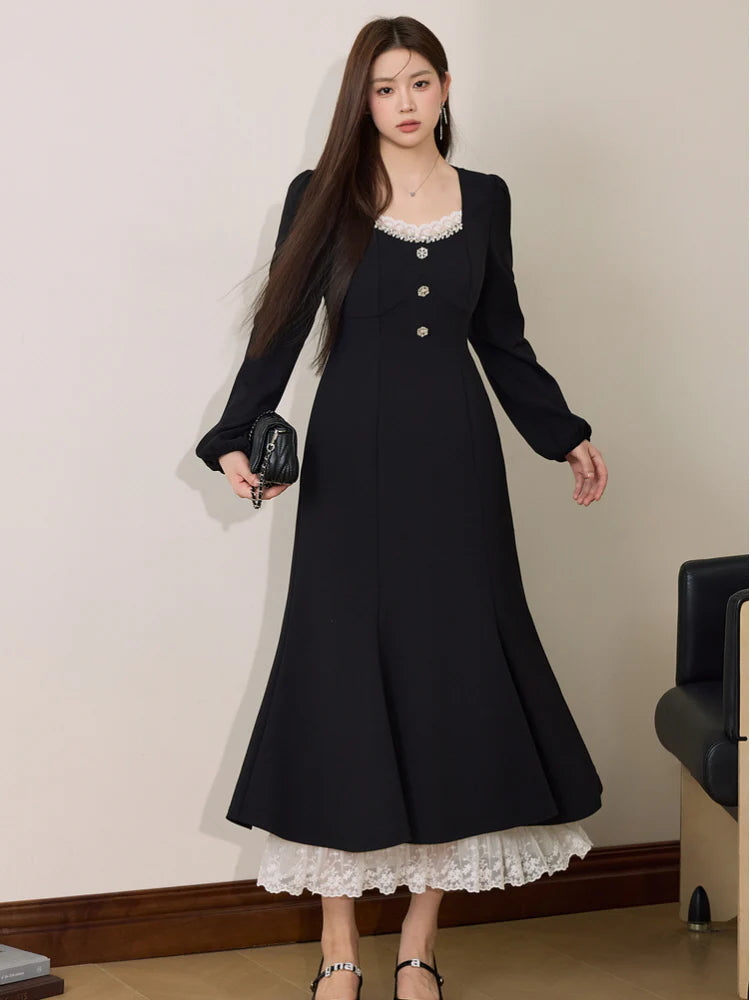 Vintage Buttons Lace Black Dress