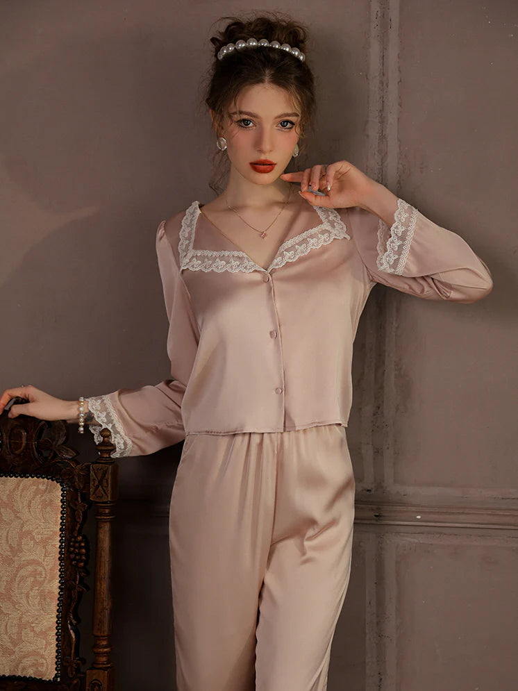 Elegant Lace Trim Loungewear Pajamas Set