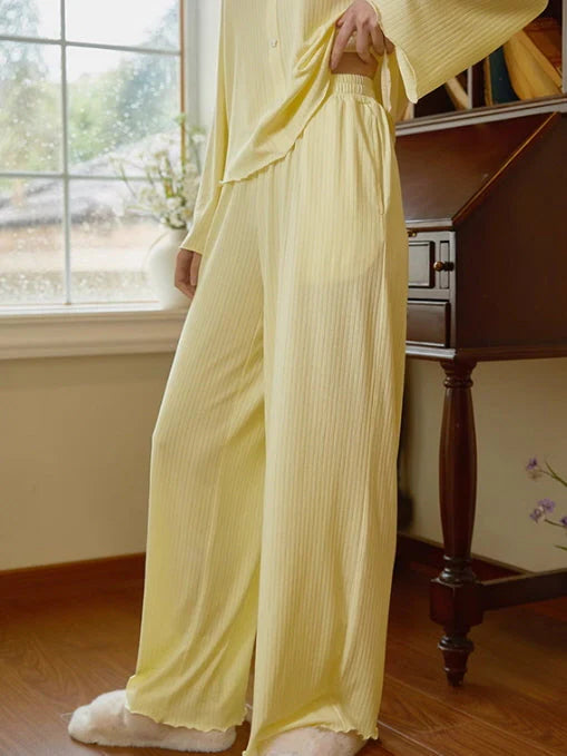 Soft Yellow Ruffled Collar Pajama Set