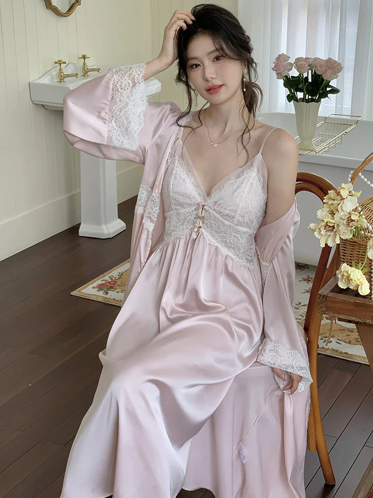 Blush Lace Trim Nightgown & Robe Set