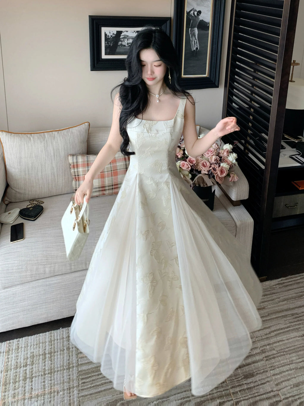 Ethereal Butterfly Embroidered Jacquard Dress