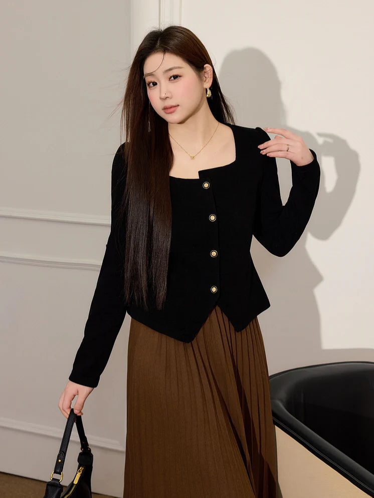 Elegant Black Square-Neck Knit Blazer