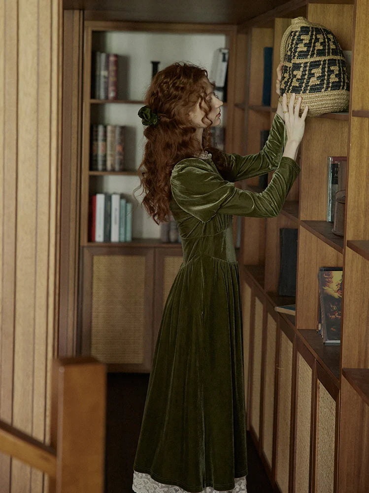 Olive Velvet Lace-Trimmed Vintage Dress