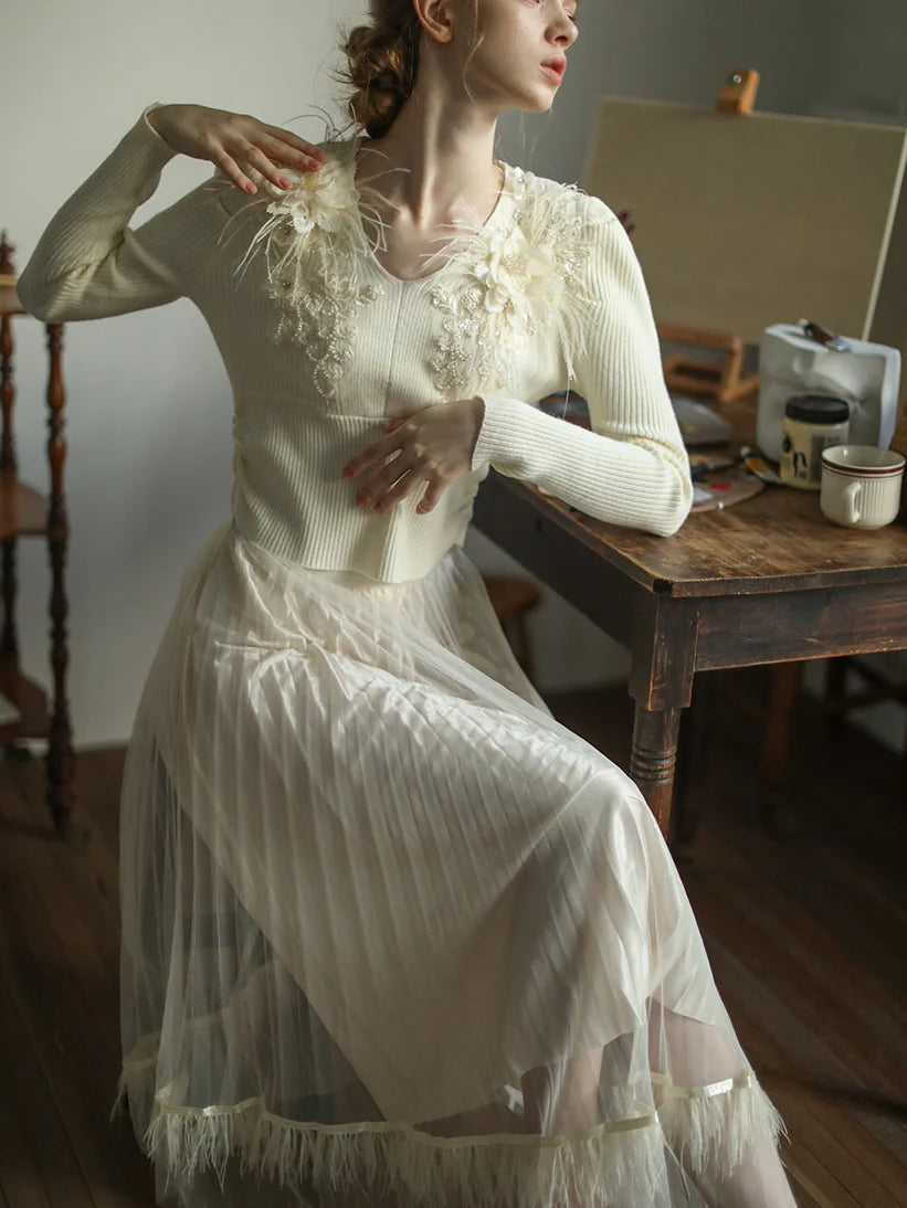 Dreamy Feather-Trim Pleated Skirt