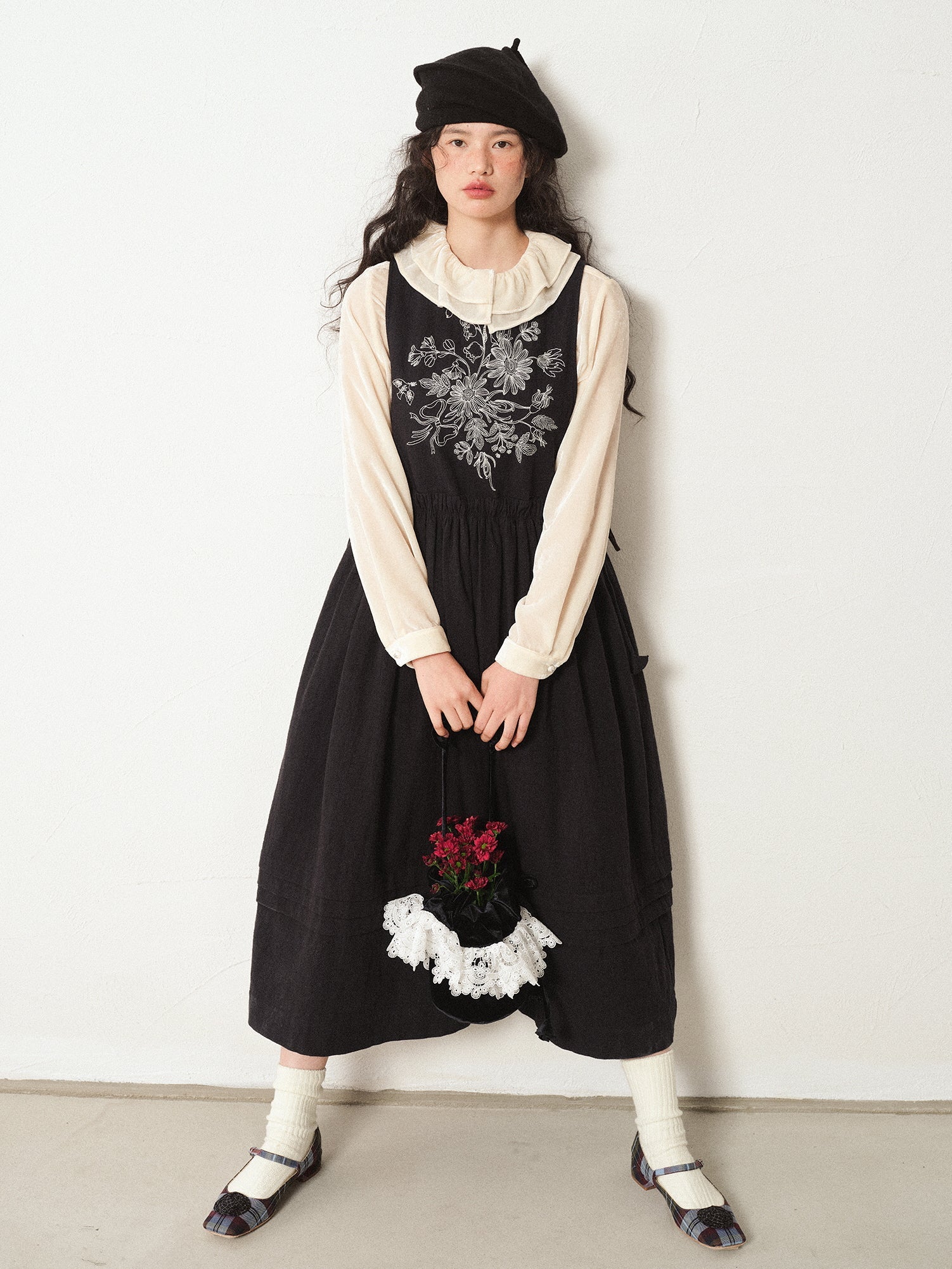 Floral Embroidered Linen-Cotton Pinafore Dress