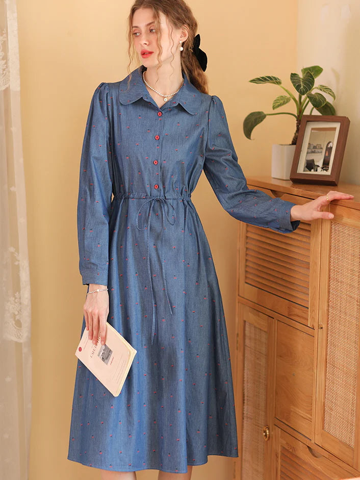 Cherry Embroidered Blue Cotton Dress