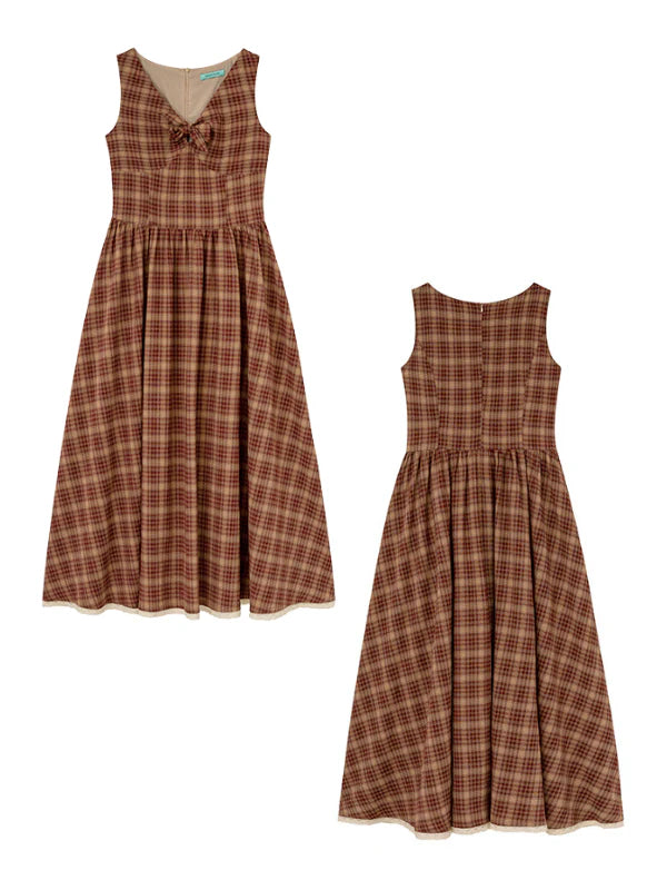 Summer Red Plaid Ribbon Dress