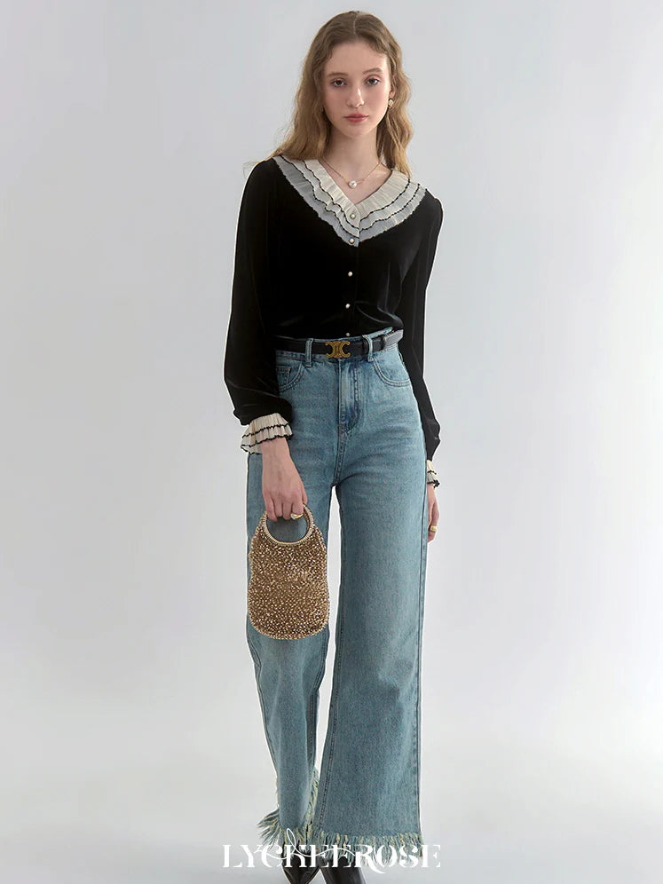 Black Velvet Contrast-Collar Cardigan