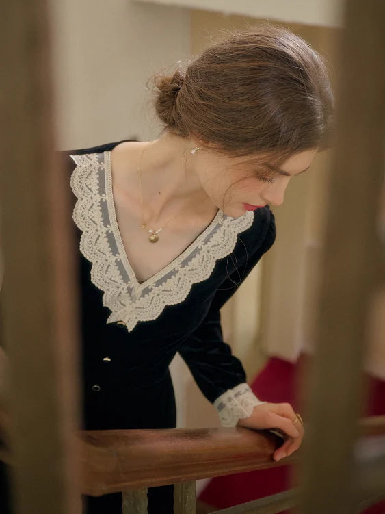 Lace Trim Vintage Velvet Elegance Dress