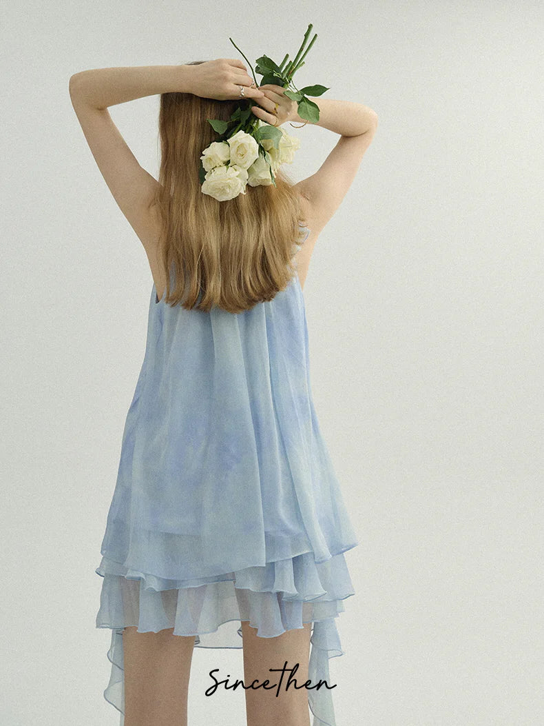 Ethereal Blue Ruffle Rose Halter Top