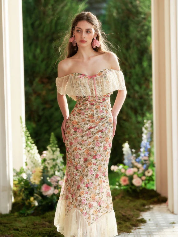 Floral Lace Off-Shoulder Corset Top & Skirt