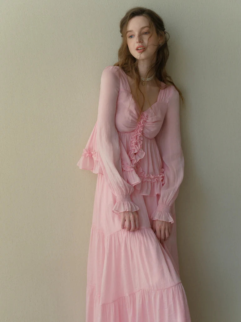 Rosy Frill Long Sleeve Top & Tiered Lace Skirt