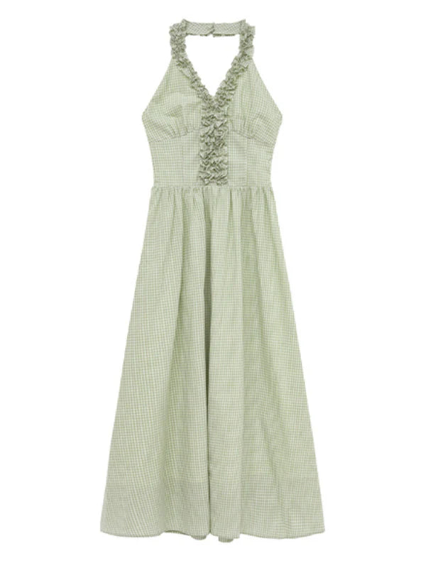 Romantic Green Gingham Halter Dress