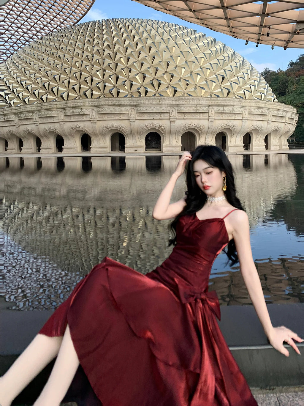 Crimson Elegance Mermaid Bow Dress