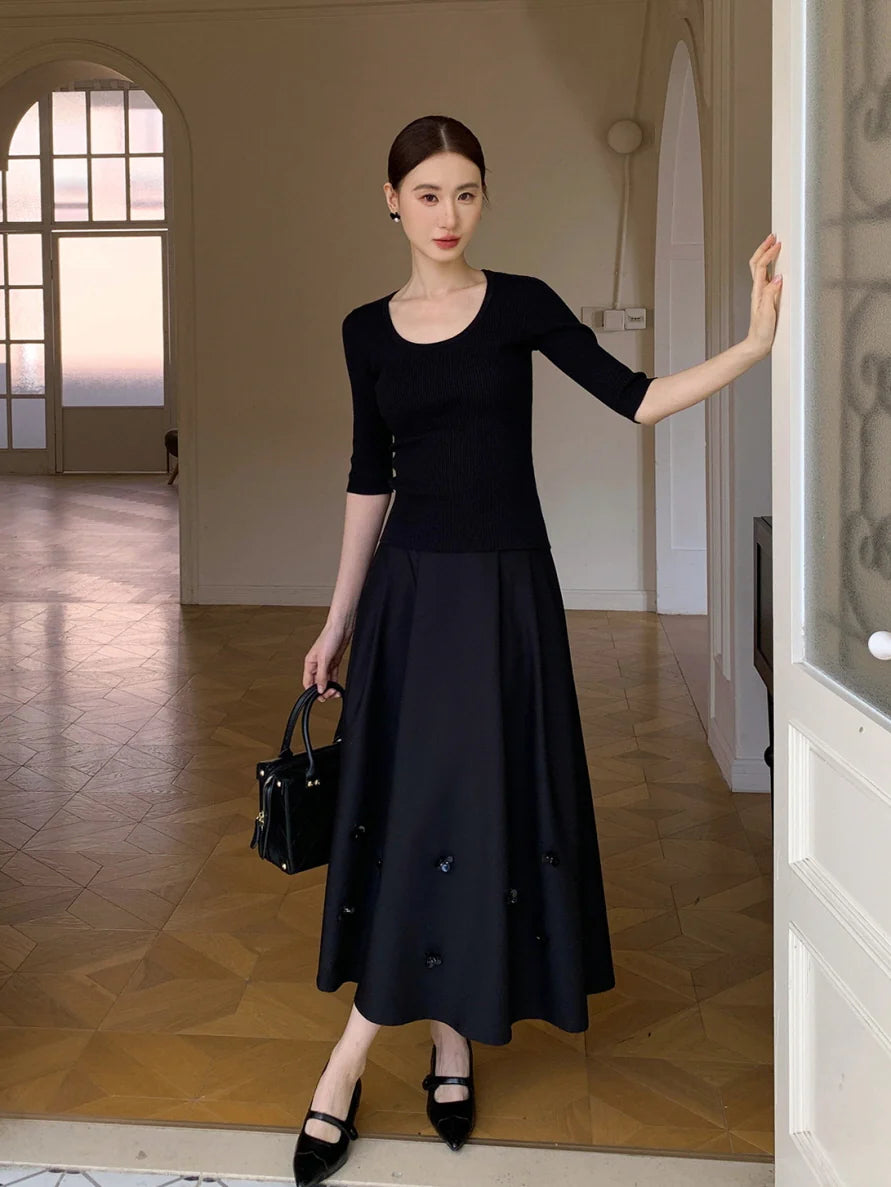 Black Vintage Floral Accent Skirt