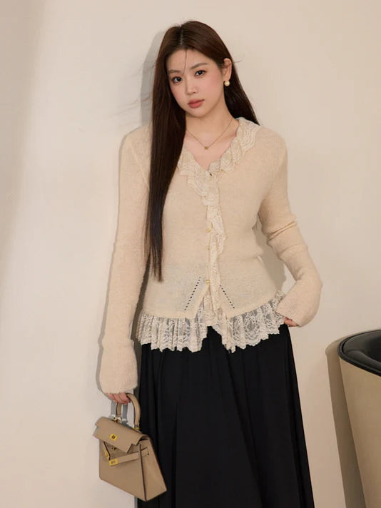 Ivory Lace Trim Wool Blend Cardigan