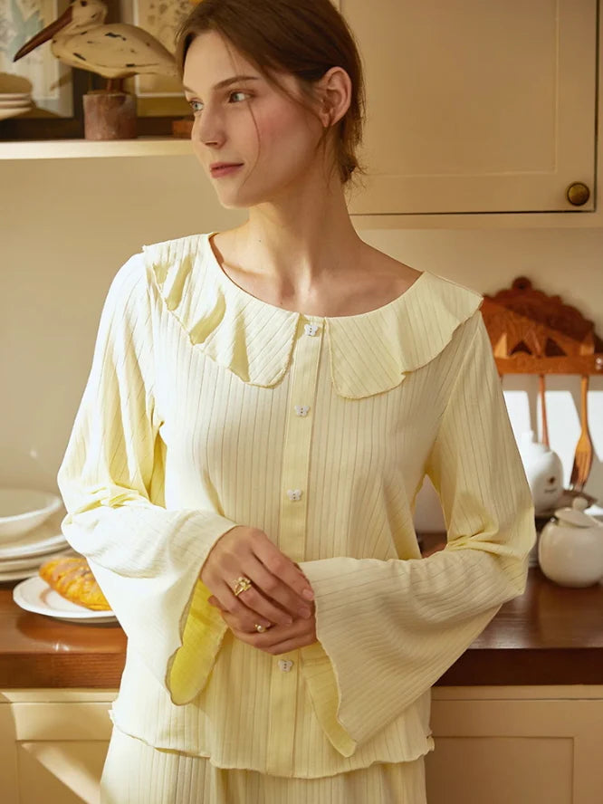 Soft Yellow Ruffled Collar Pajama Set
