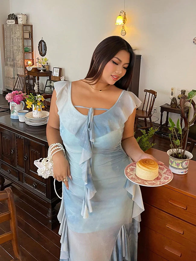 Sky Ruffle Mesh Dress with Bow