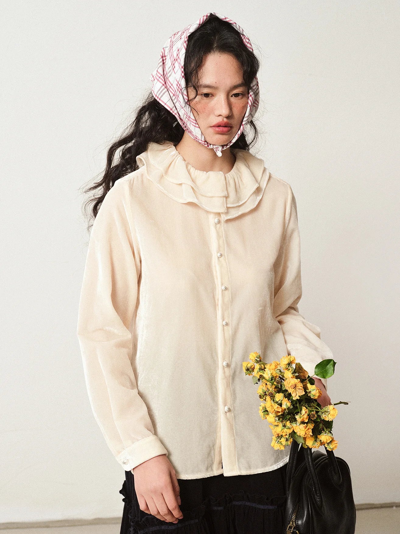 Vintage Velvet Blouse with Frilled Floral Collar