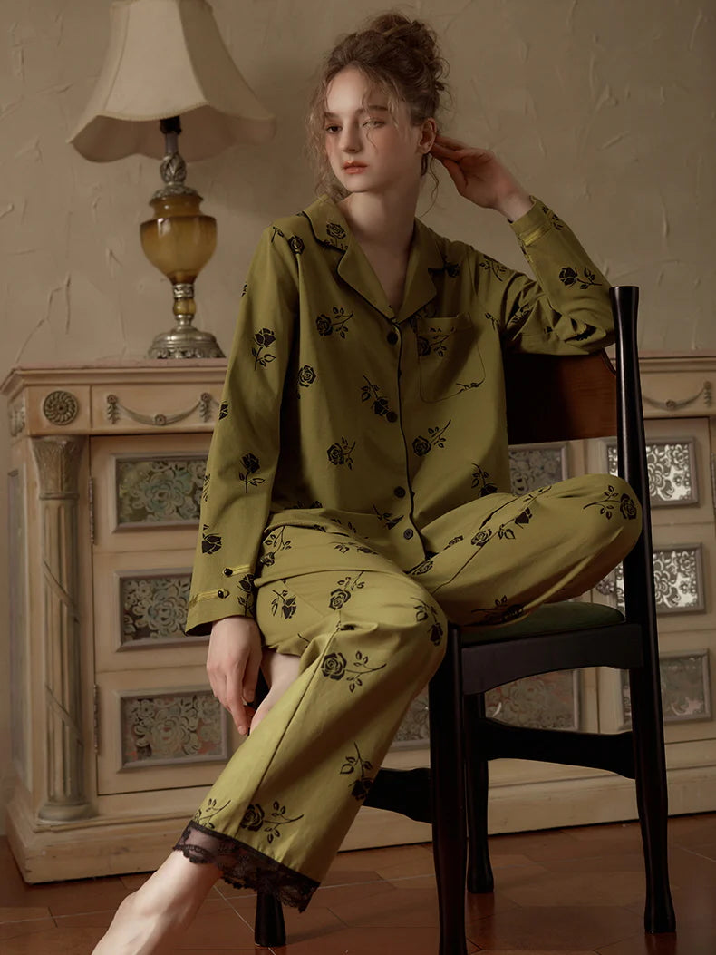 Vintage Rose Embroidered Pajama Set
