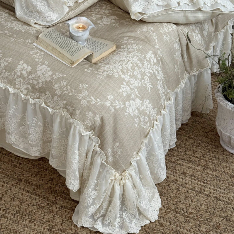 Beige Floral Lace Ruffle Bedding Set