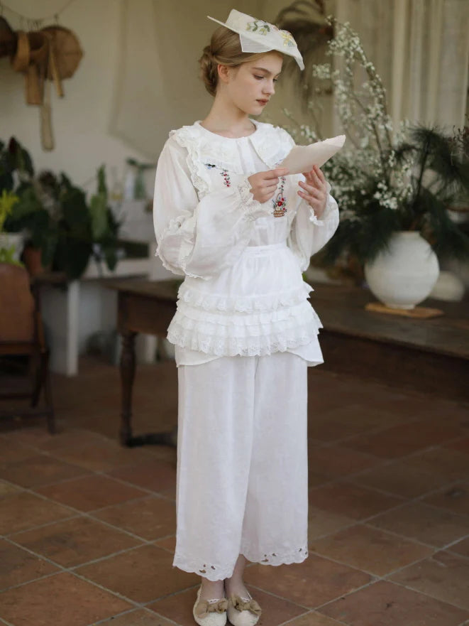 Flower Basket Embroidery Linen Blouse