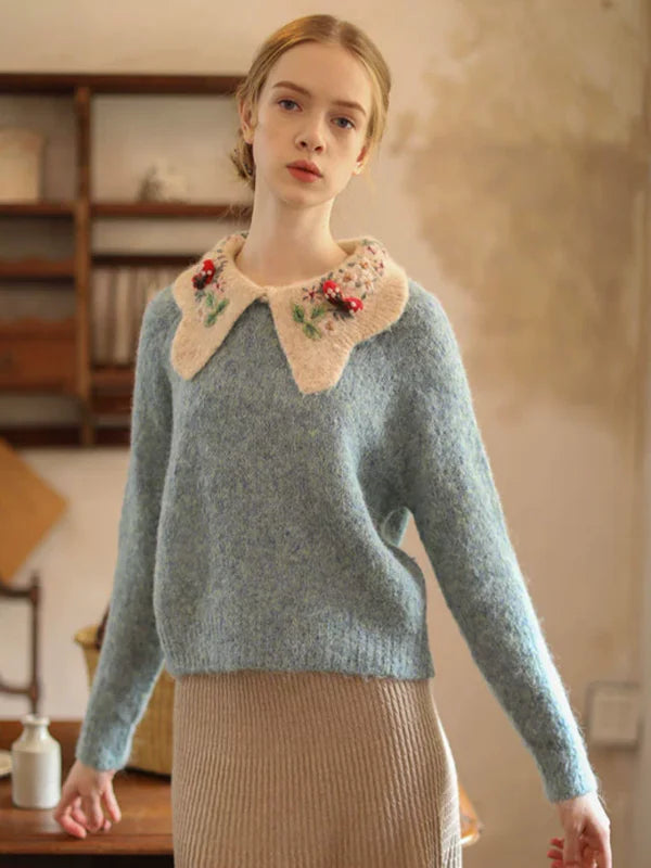 Floral-Collared Alpaca Sweater