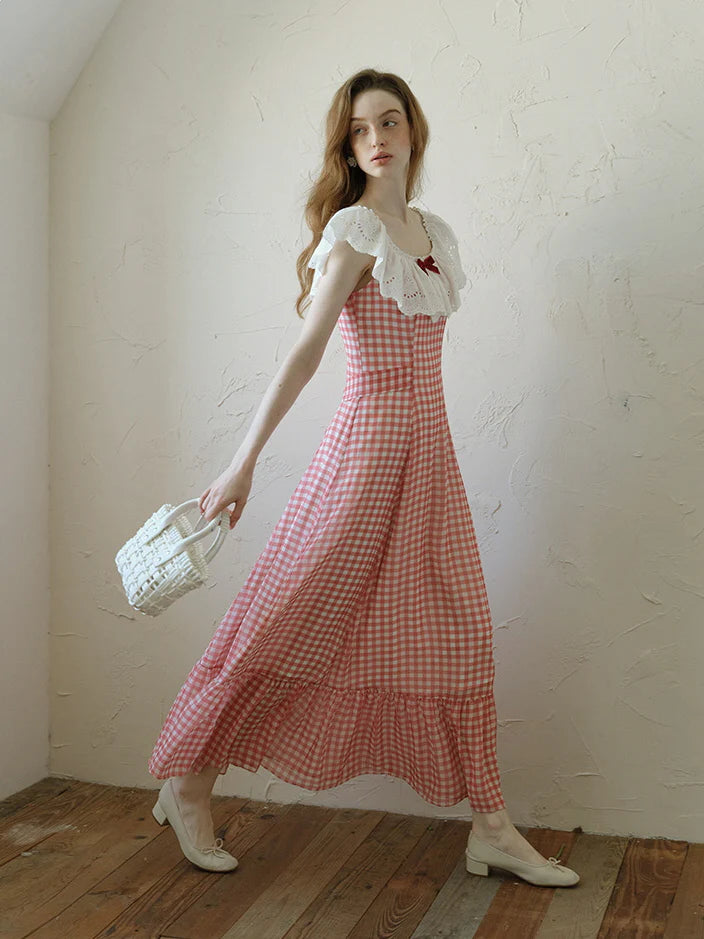 Red Gingham Off-Shoulder Frill Dress