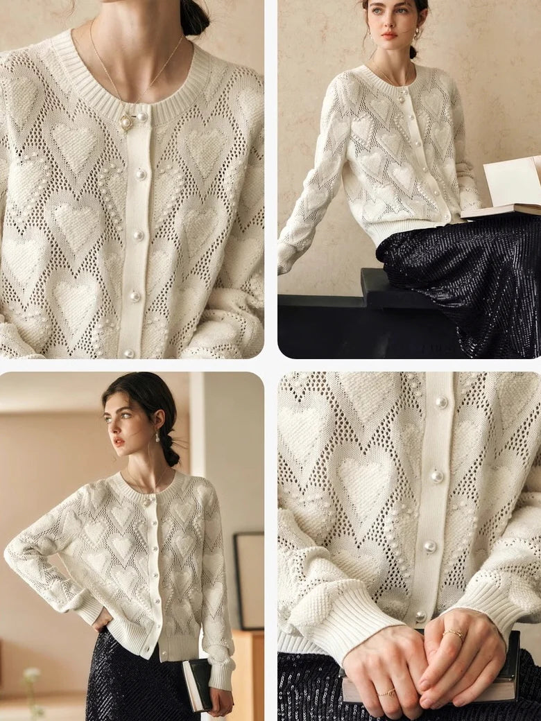 Heart Knit Pearl Button Cardigan