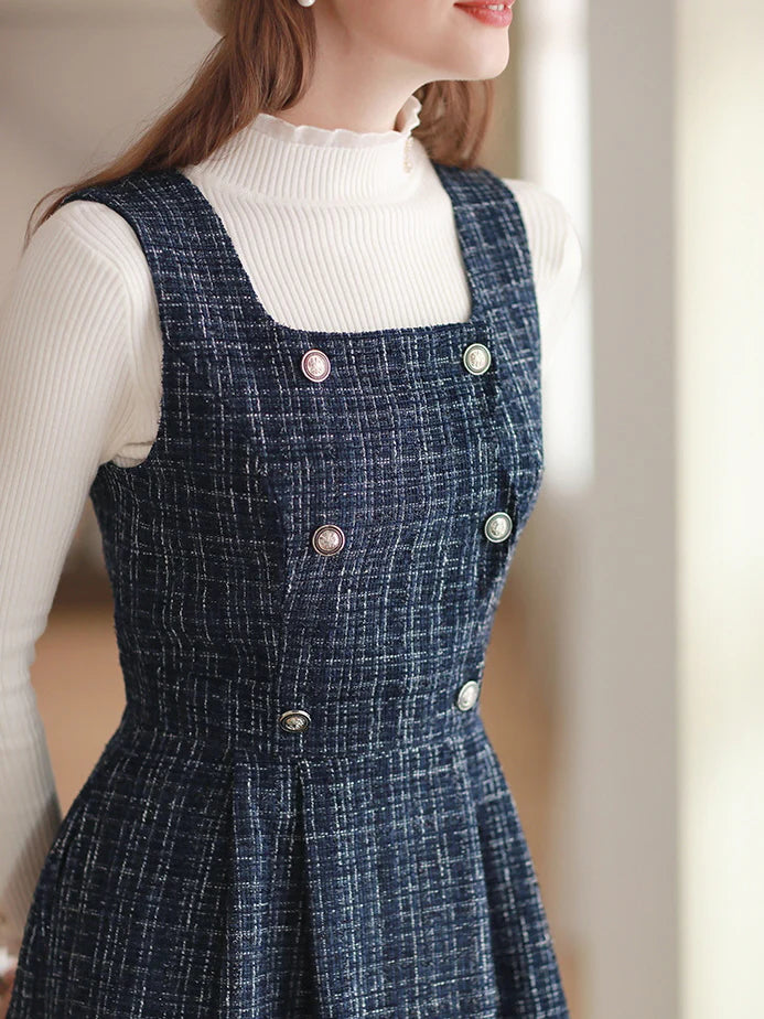 Navy Tweed Double-Breasted Dress