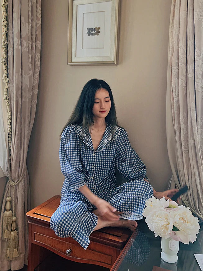 Navy Gingham Lace Collar Pajama Set