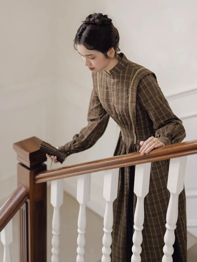 Victorian Plaid High-Neck Lace Trim Dress