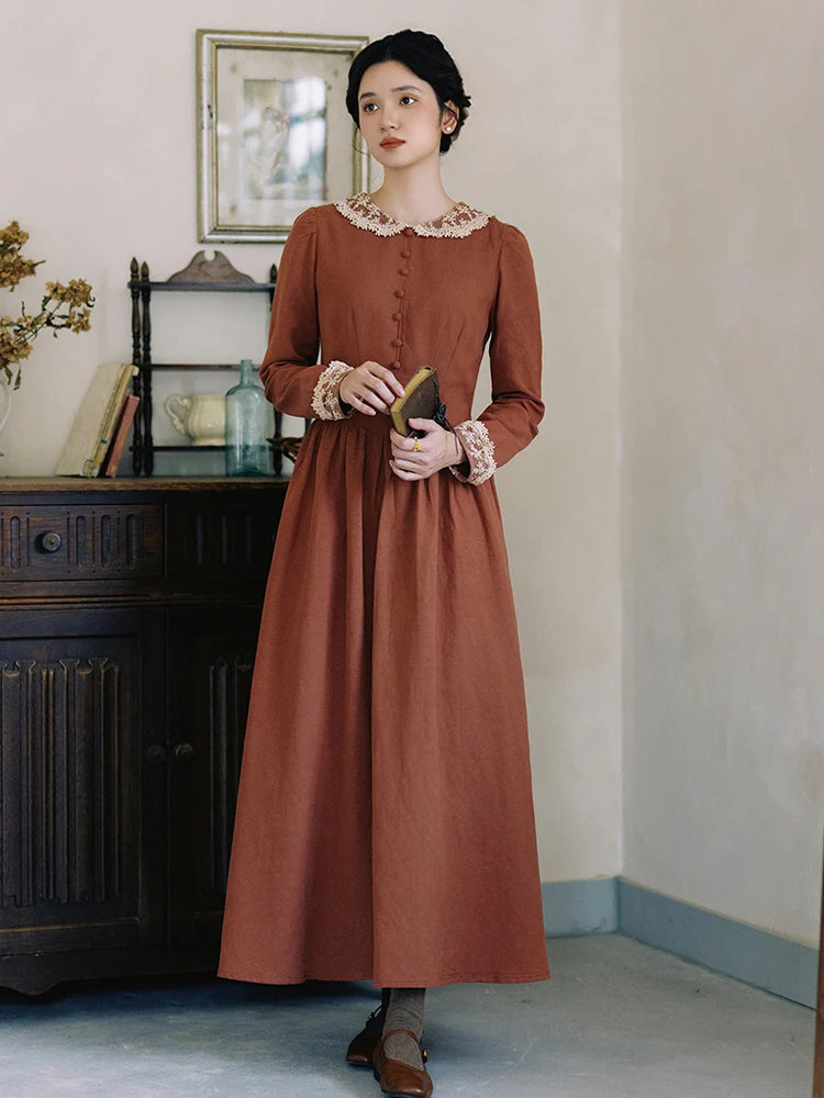Autumn Rust Vintage Lace Collar Dress