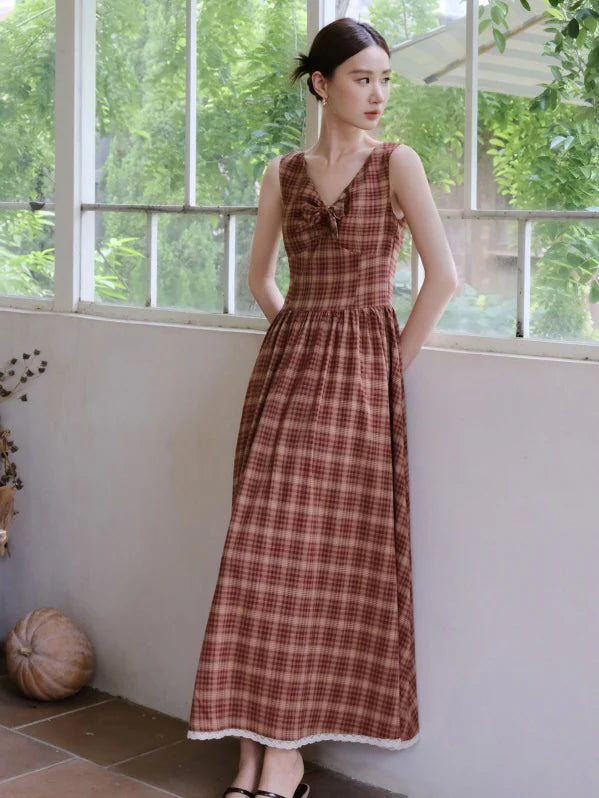 Summer Red Plaid Ribbon Dress