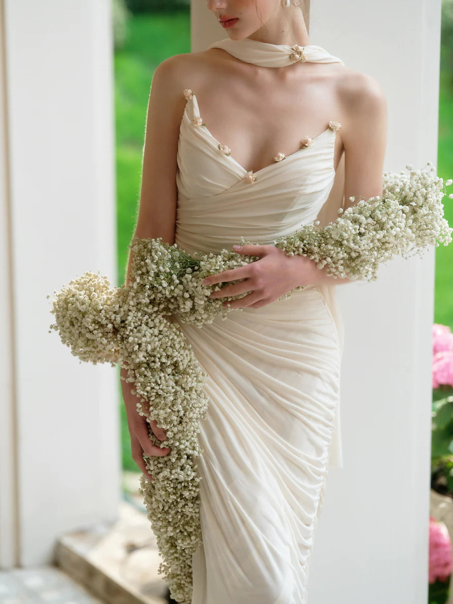 Enchanted Pearl Blossom Ruched Gown