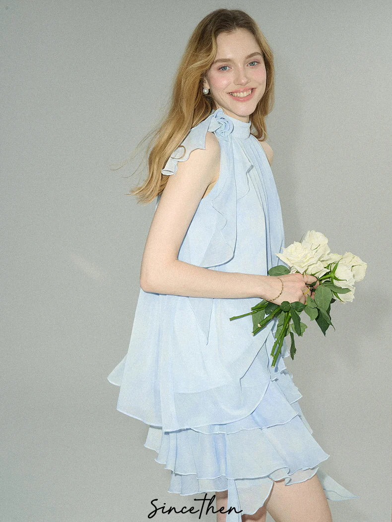 Ethereal Blue Ruffle Rose Halter Top