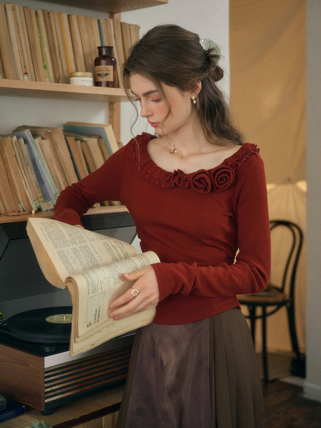 Rosette Ruffle Knit Top