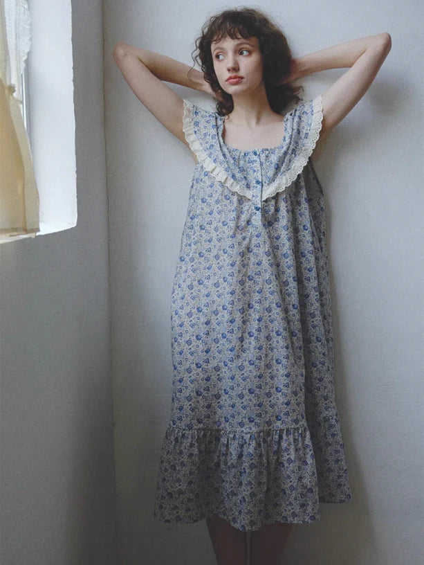 Blue Blossom Ruffle Cotton Nightgown