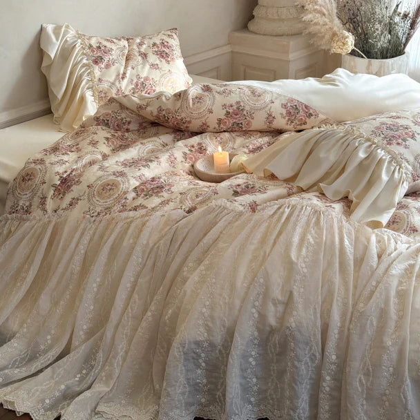 Vintage Cotton Embroidered Lace Bedding Set