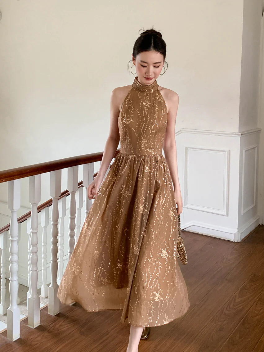 Golden Bloom Halter Dress