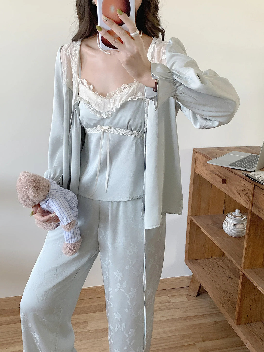 Floral Whisper 3-Piece Blue Loungewear Set