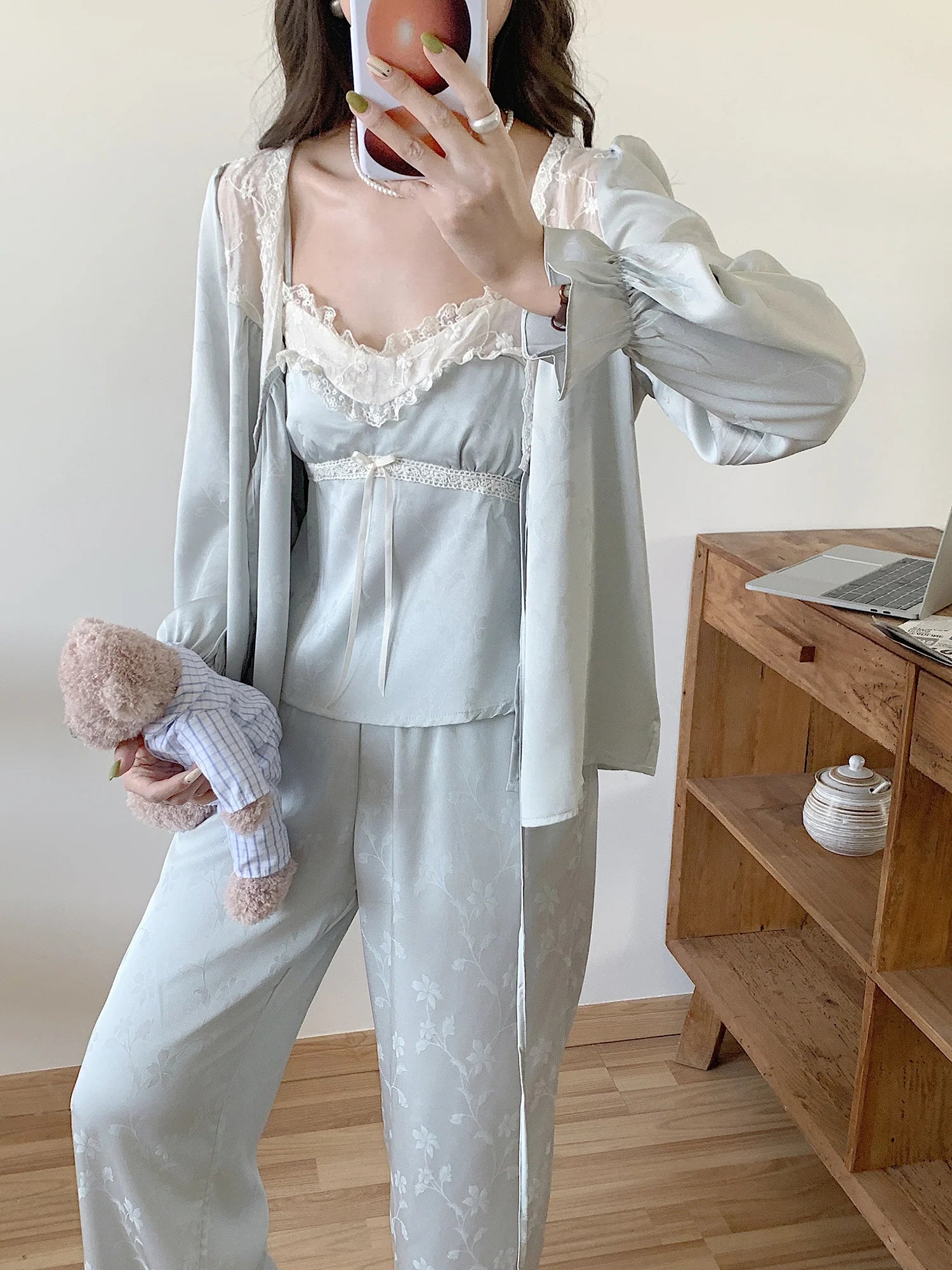 Floral Whisper 3-Piece Blue Loungewear Set