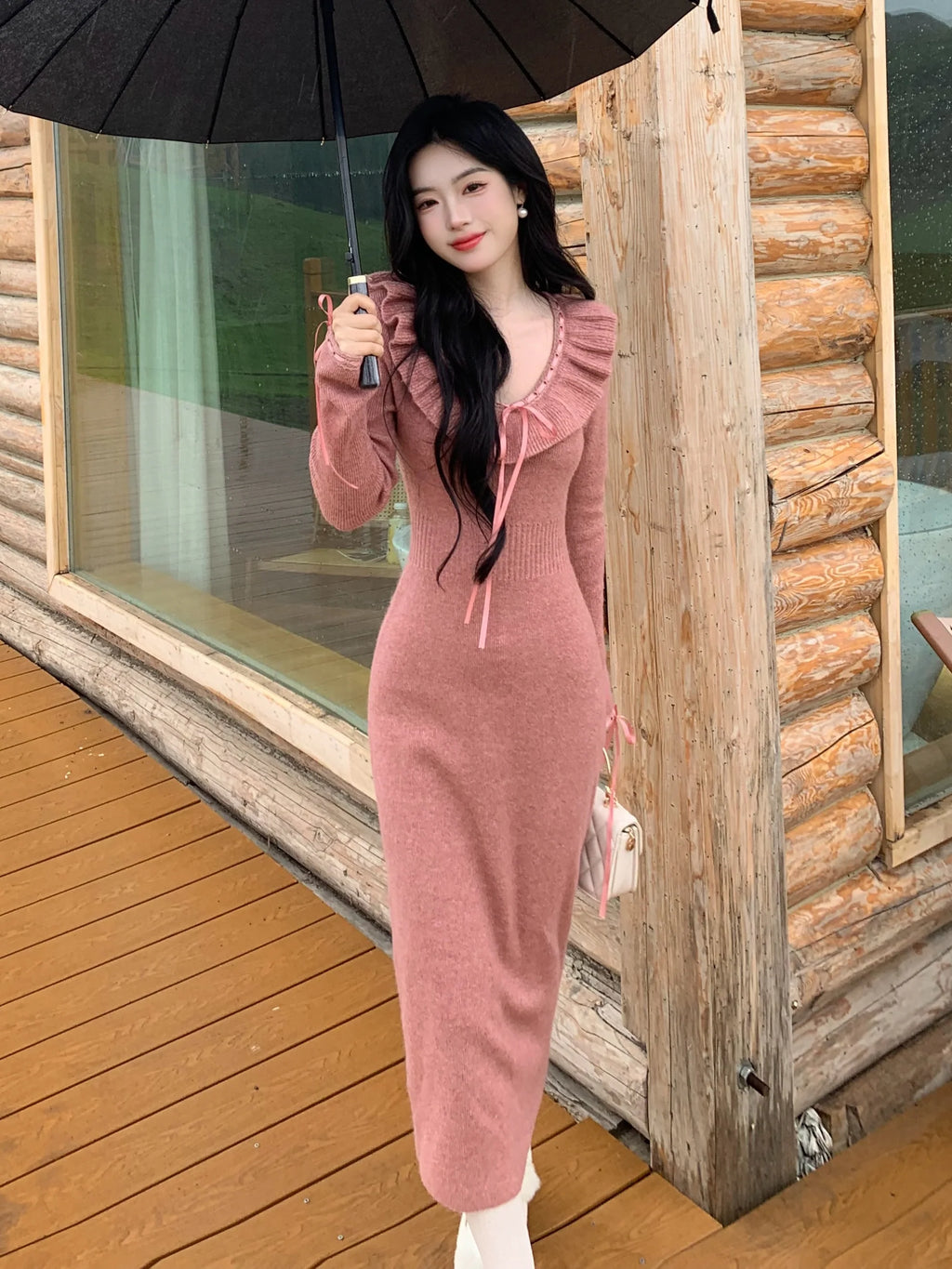 Ruffle Ribbon Blush Pink Knit Dress