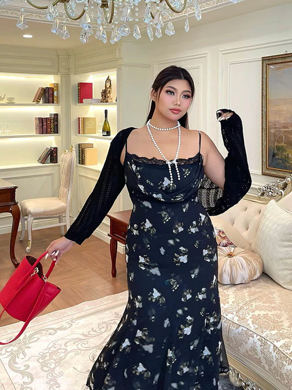 Midnight Bloom Lace Trim Floral Dress