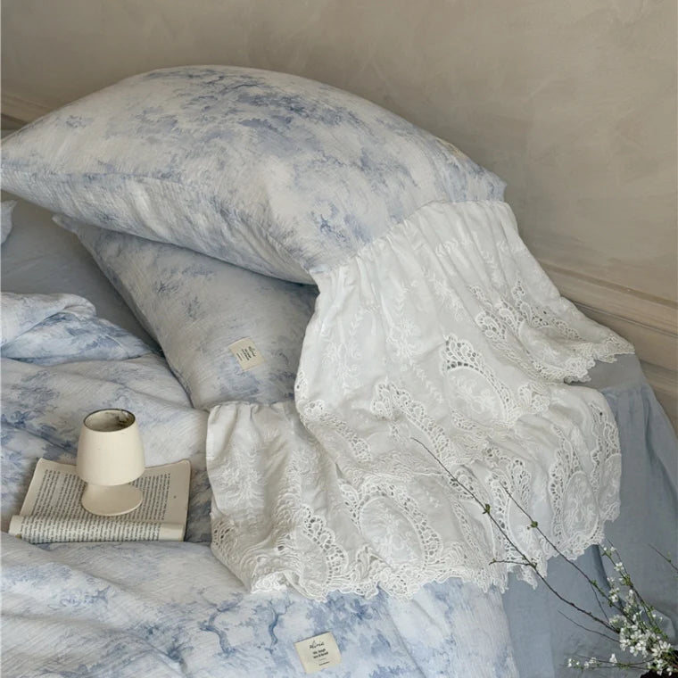 Watercolor Blue Lace Ruffle Bedding Set